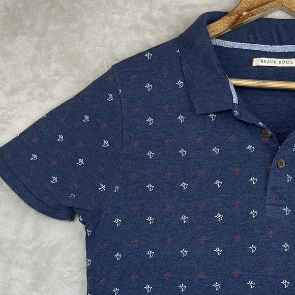 Brave Soul London Mens Small Birds Print Midnight Blue Polo Shirt Preppy Geeky - Picture 3 of 12